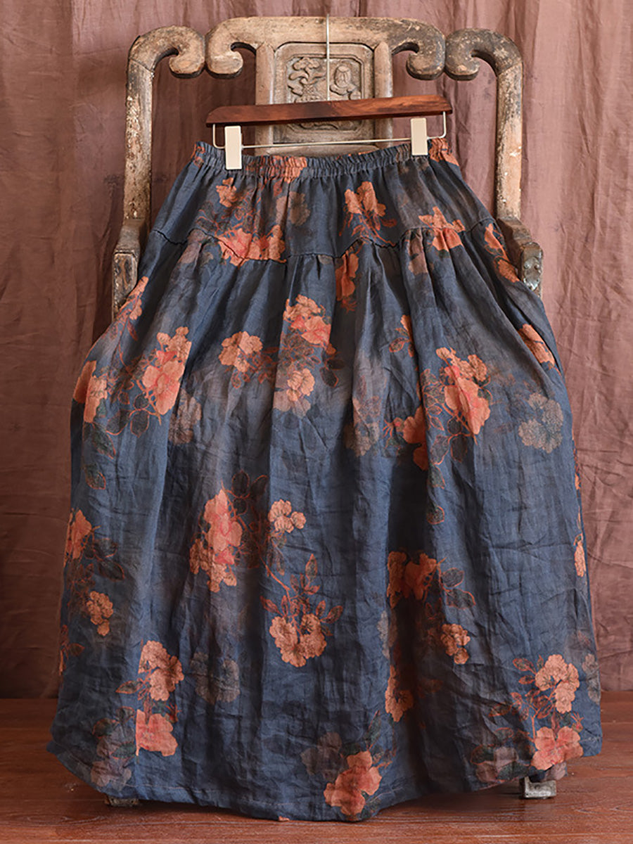 Vintage Summer Loose Skirt Women Ramie Flower