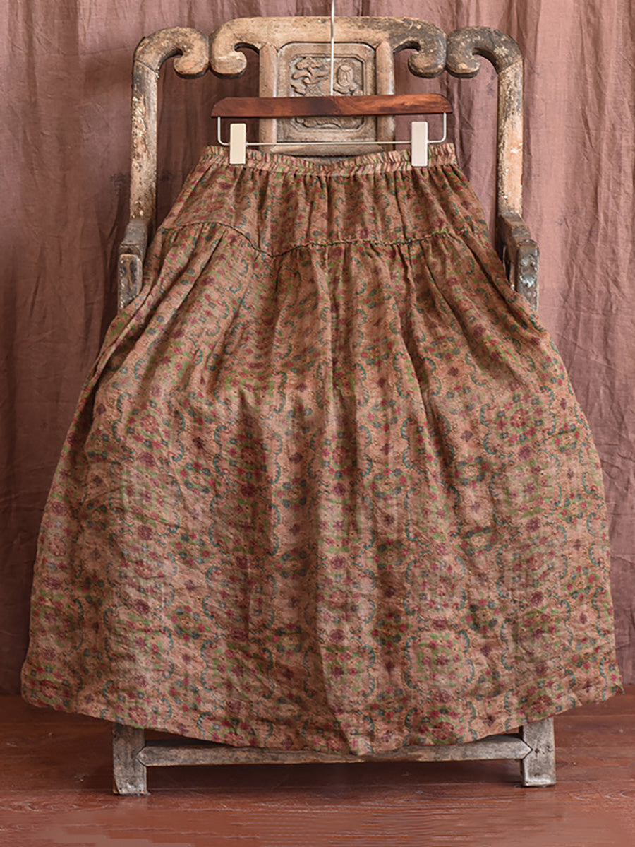 Vintage Summer Loose Skirt Women Ramie Flower