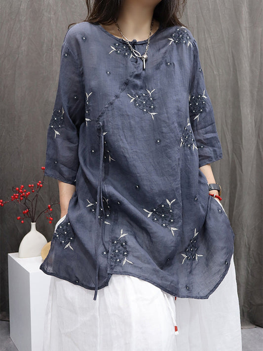 Embroidery O-Neck 100%Ramie Flower Summer Women Shirt