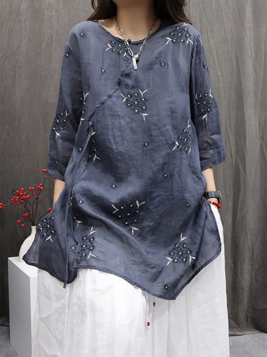 Embroidery O-Neck 100%Ramie Flower Summer Women Shirt