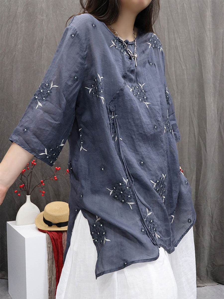 Embroidery O-Neck 100%Ramie Flower Summer Women Shirt
