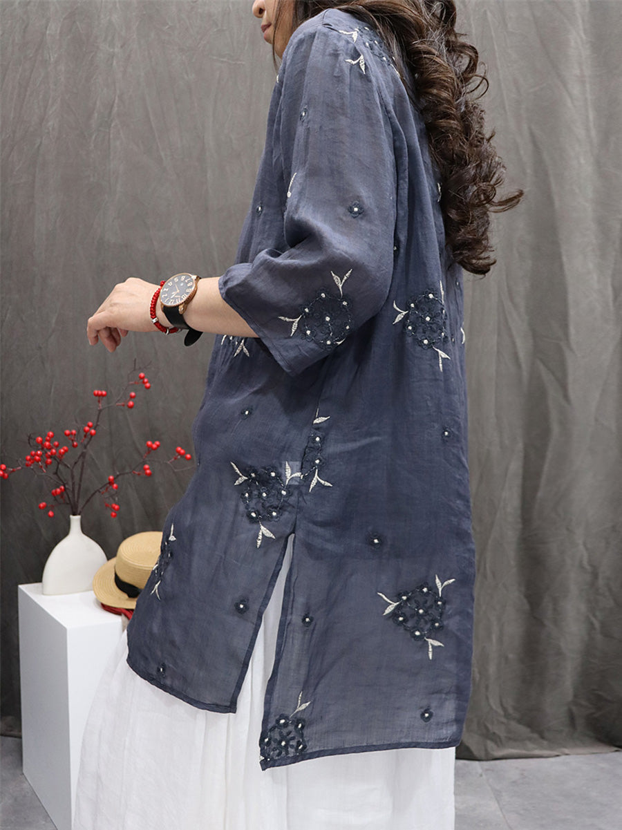 Embroidery O-Neck 100%Ramie Flower Summer Women Shirt