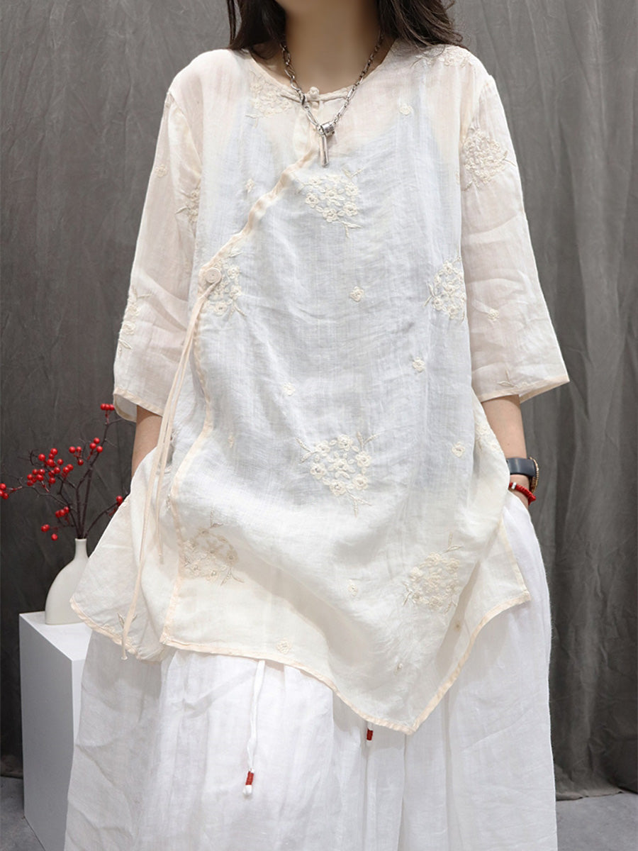 Embroidery O-Neck 100%Ramie Flower Summer Women Shirt