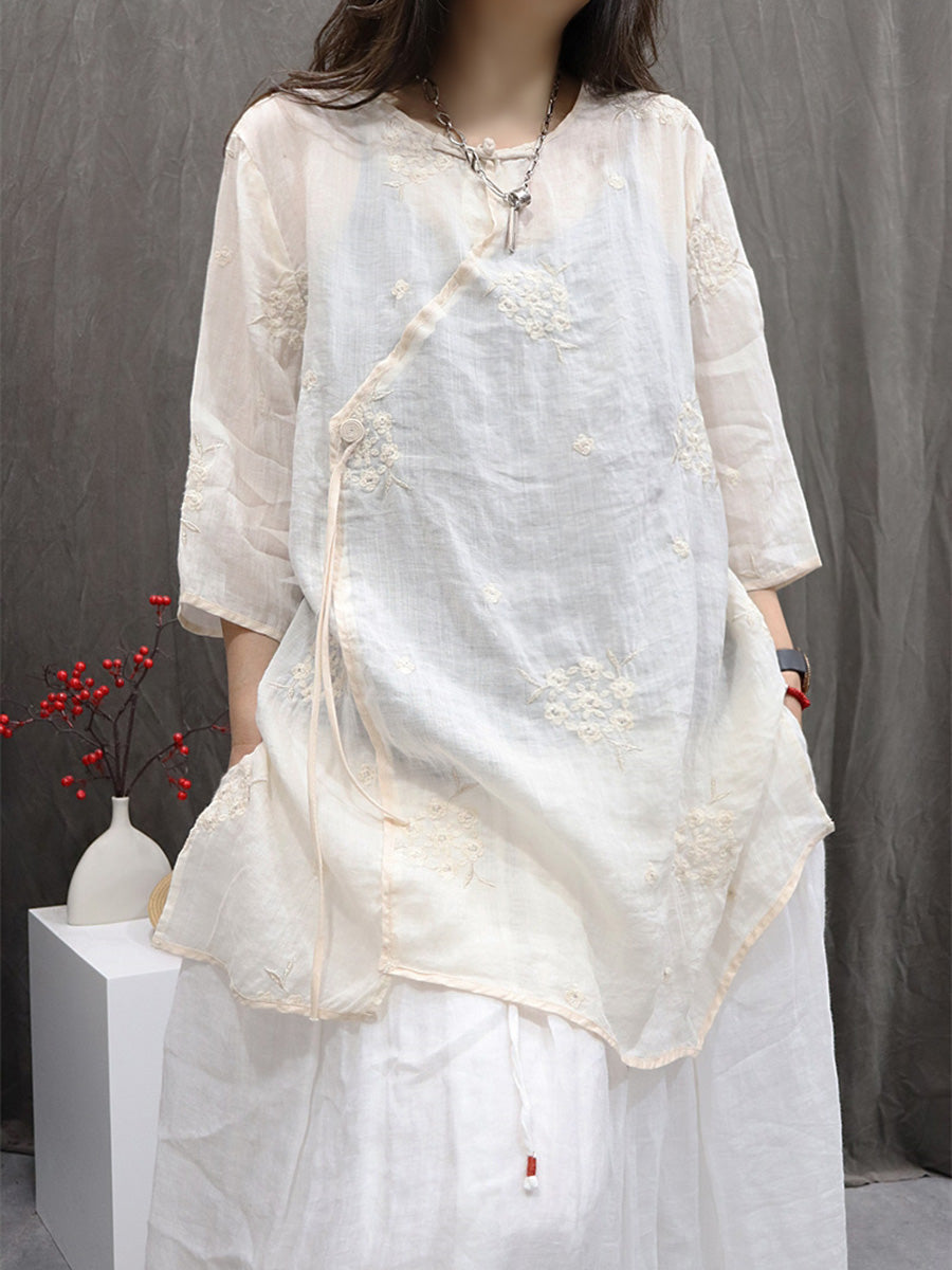 Embroidery O-Neck 100%Ramie Flower Summer Women Shirt