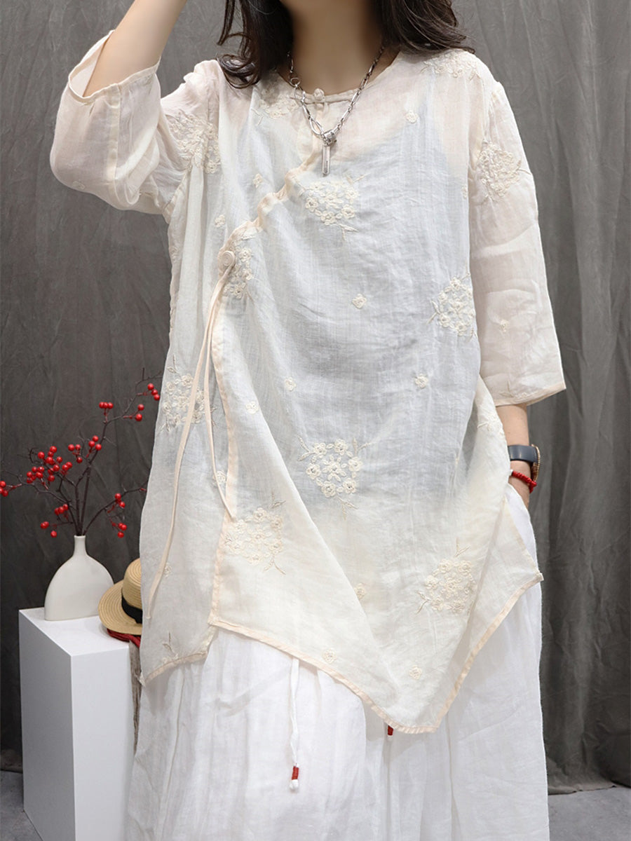 Embroidery O-Neck 100%Ramie Flower Summer Women Shirt