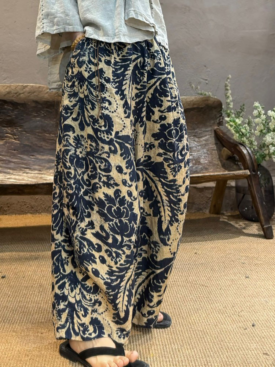 Linen Women Flower Summer Retro Wide-leg Pants