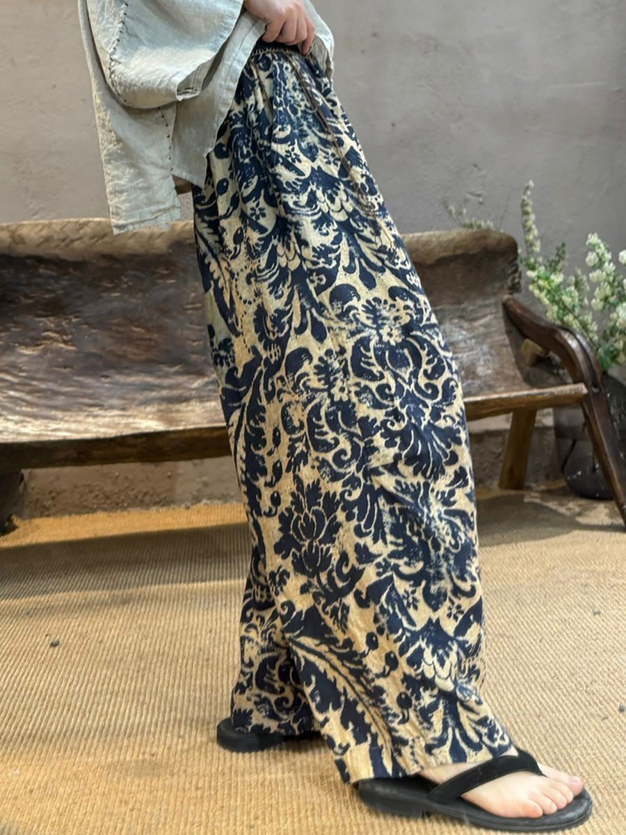 Linen Women Flower Summer Retro Wide-leg Pants