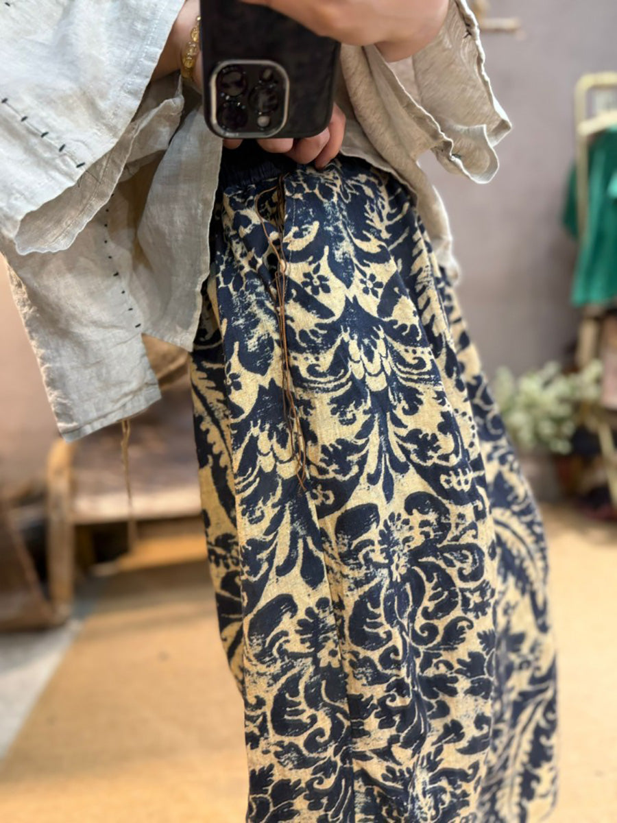 Linen Women Flower Summer Retro Wide-leg Pants