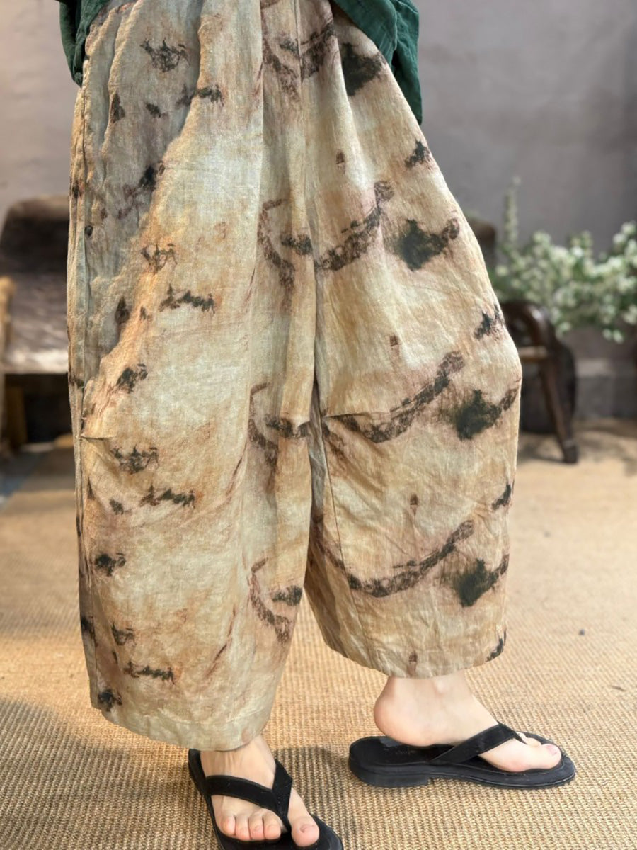 Linen Women Flower Summer Retro Wide-leg Pants