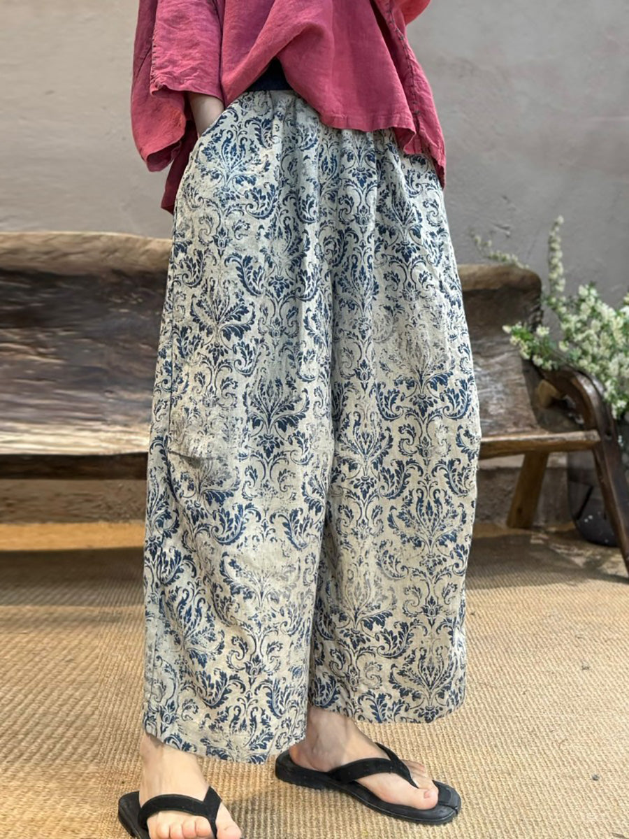 Linen Women Flower Summer Retro Wide-leg Pants