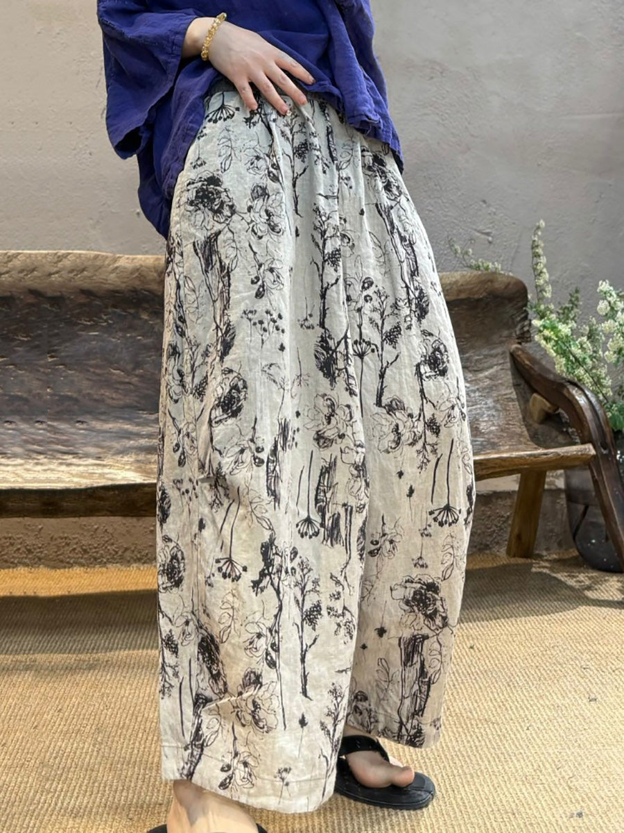 Linen Women Flower Summer Retro Wide-leg Pants
