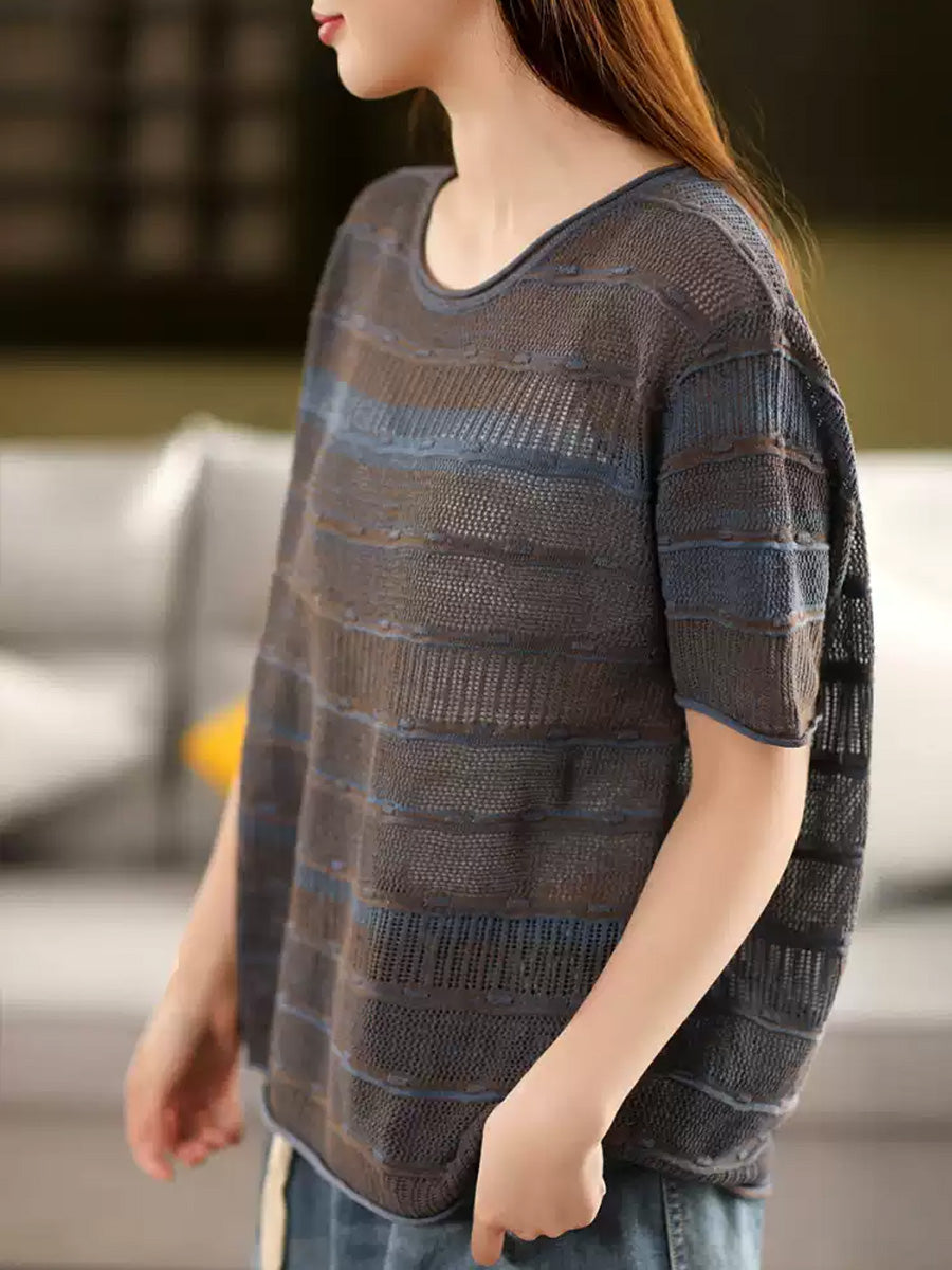 Casual Shirt Stripe Women O-Neck Summer Knitted