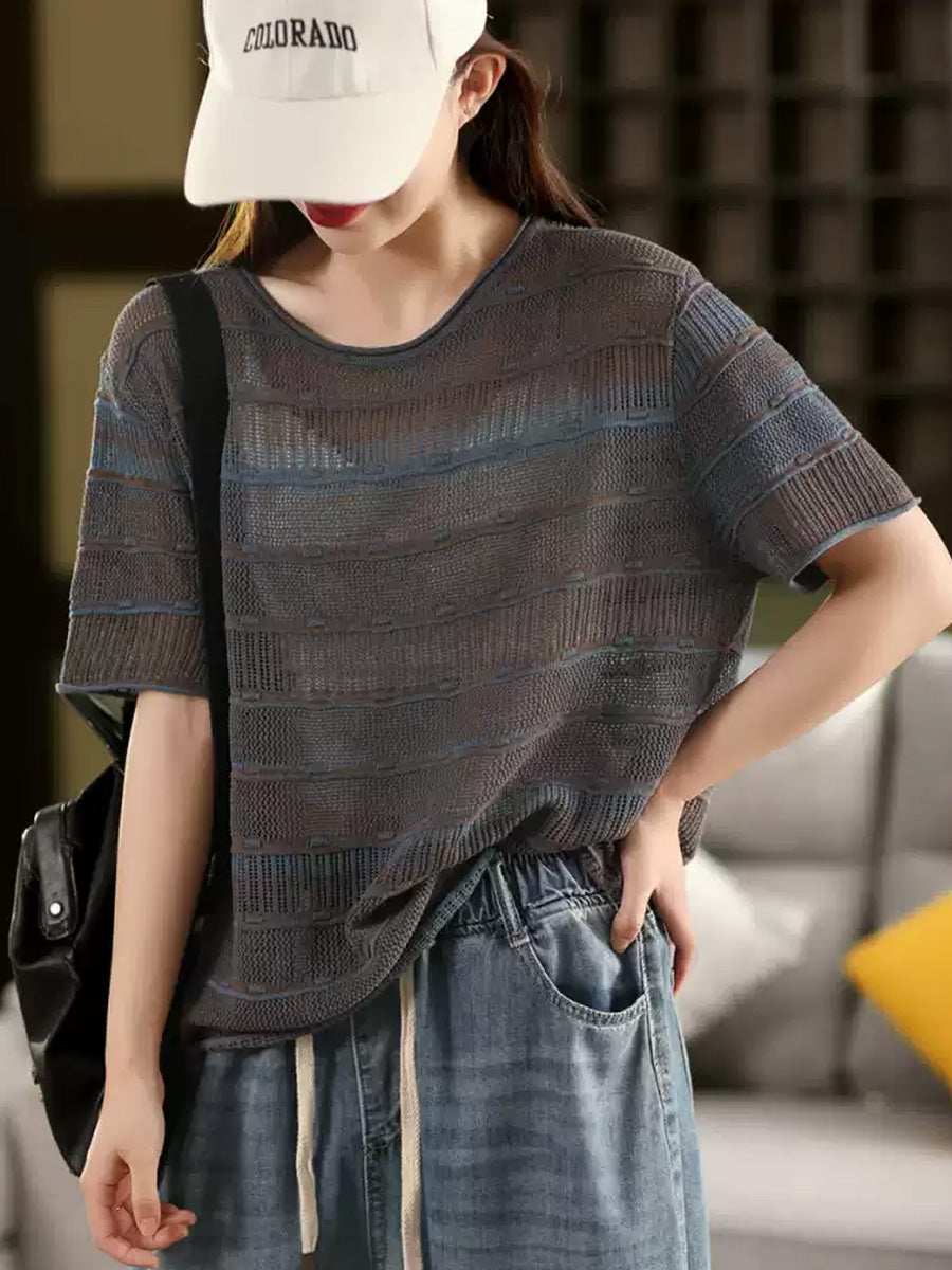 Casual Shirt Stripe Women O-Neck Summer Knitted