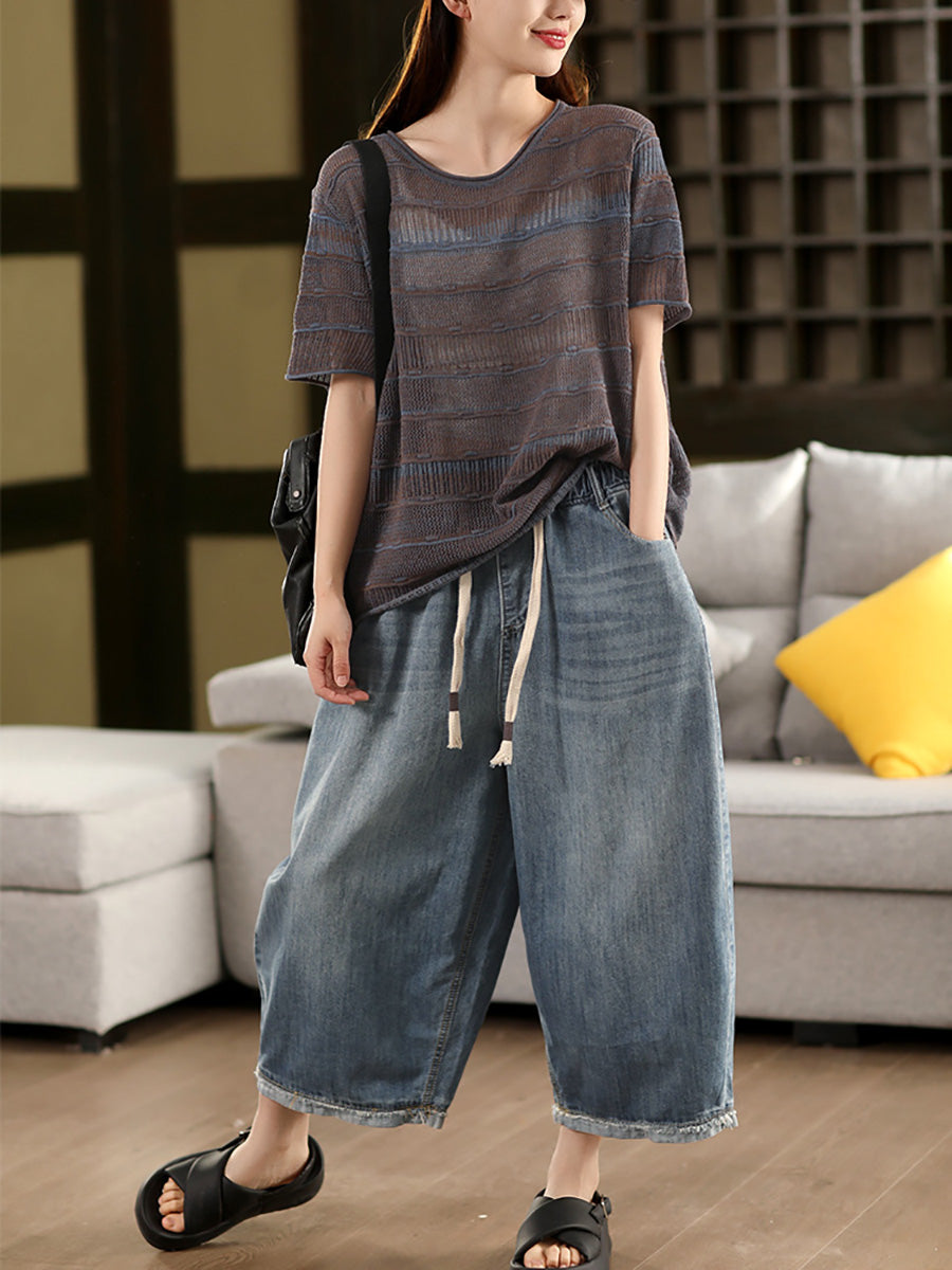 Casual Shirt Stripe Women O-Neck Summer Knitted