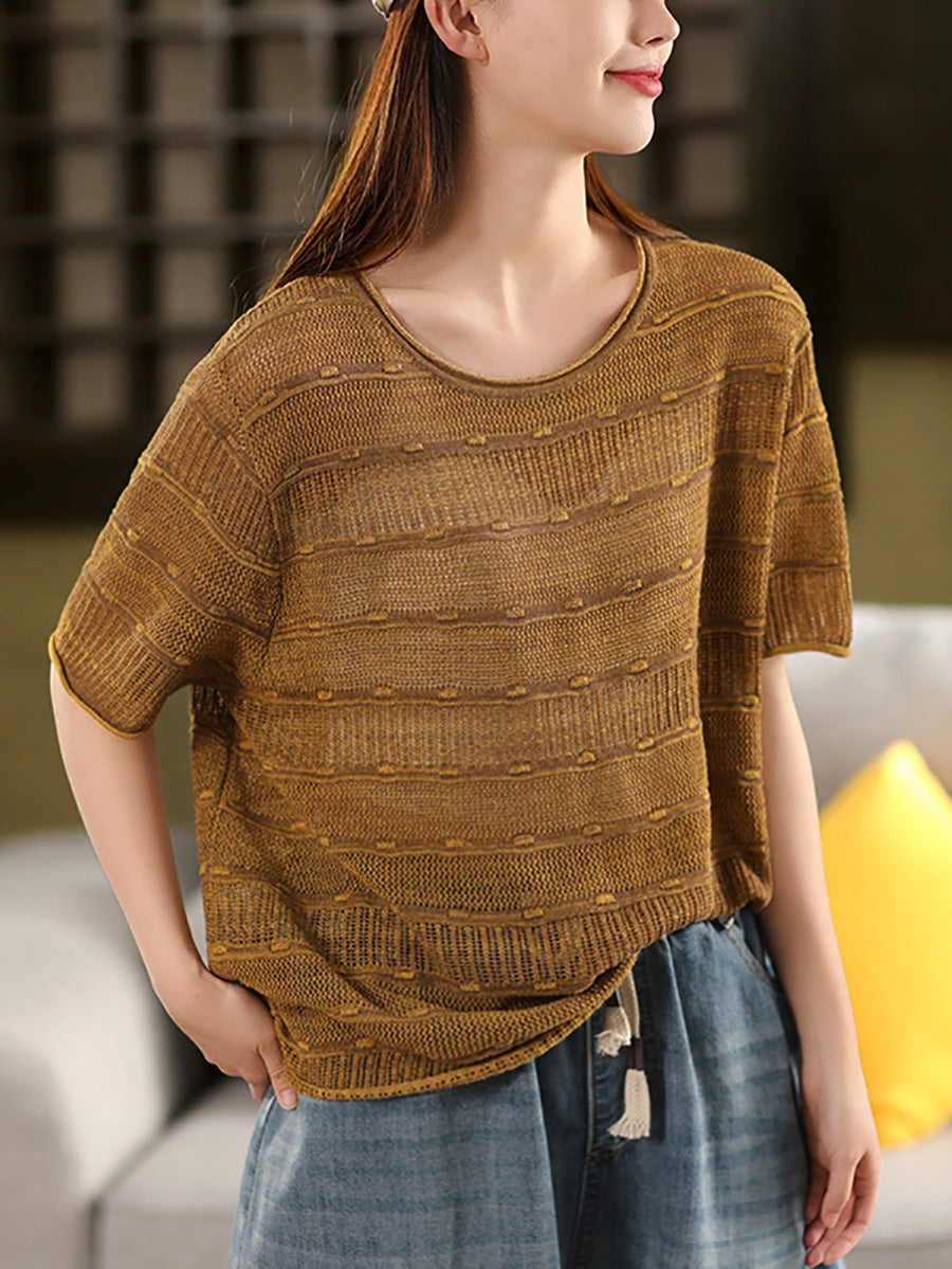 Casual Shirt Stripe Women O-Neck Summer Knitted