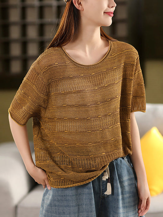 Casual Shirt Stripe Women O-Neck Summer Knitted