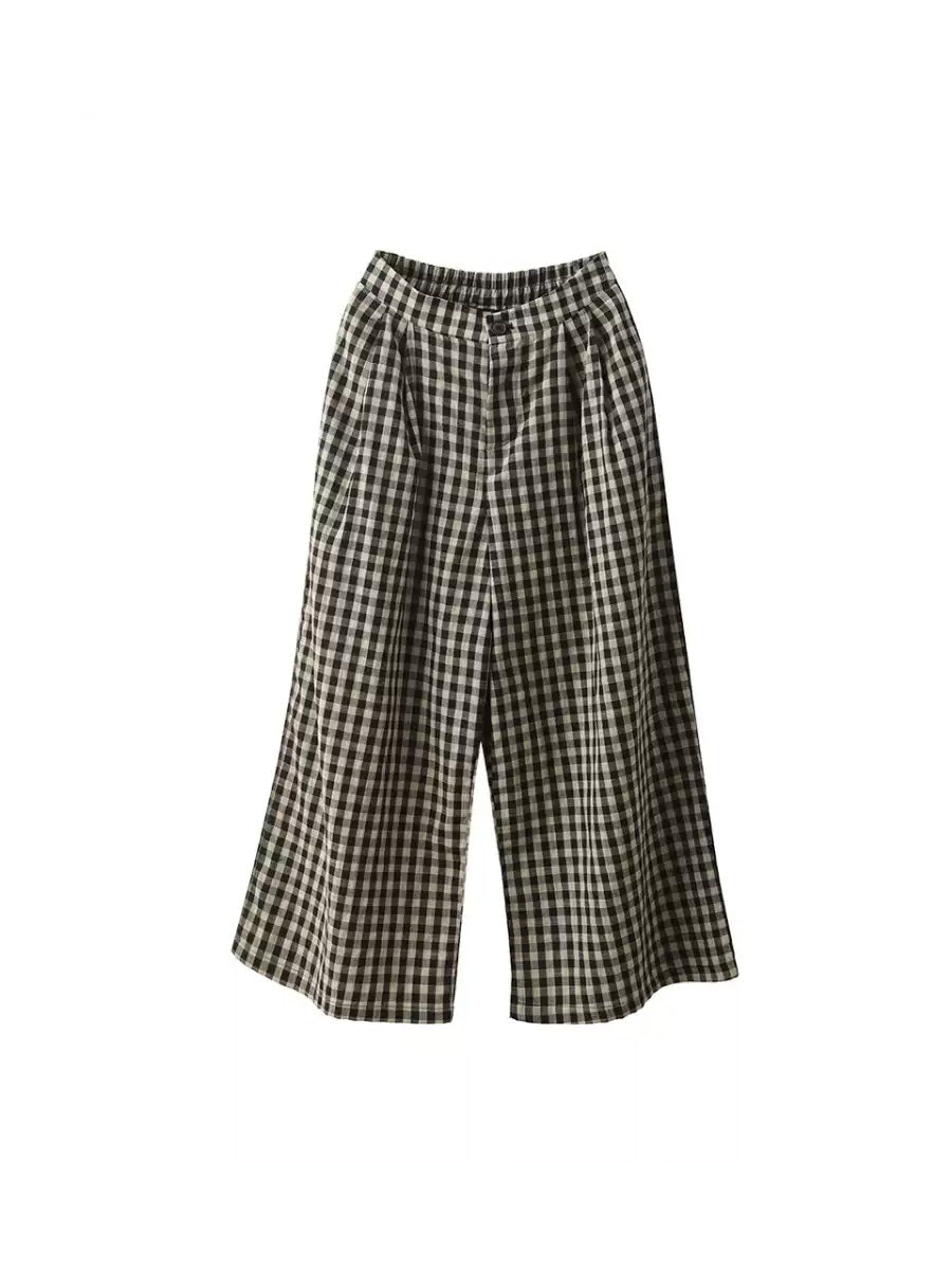 Women Wide-leg Cotton Summer Pants Vintage Plaid