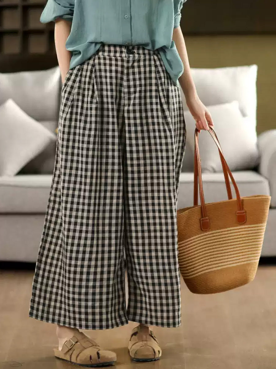 Women Wide-leg Cotton Summer Pants Vintage Plaid