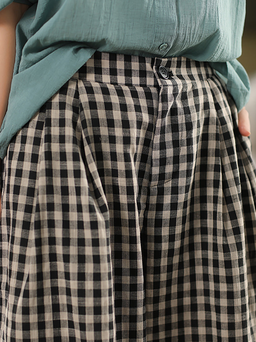 Women Wide-leg Cotton Summer Pants Vintage Plaid