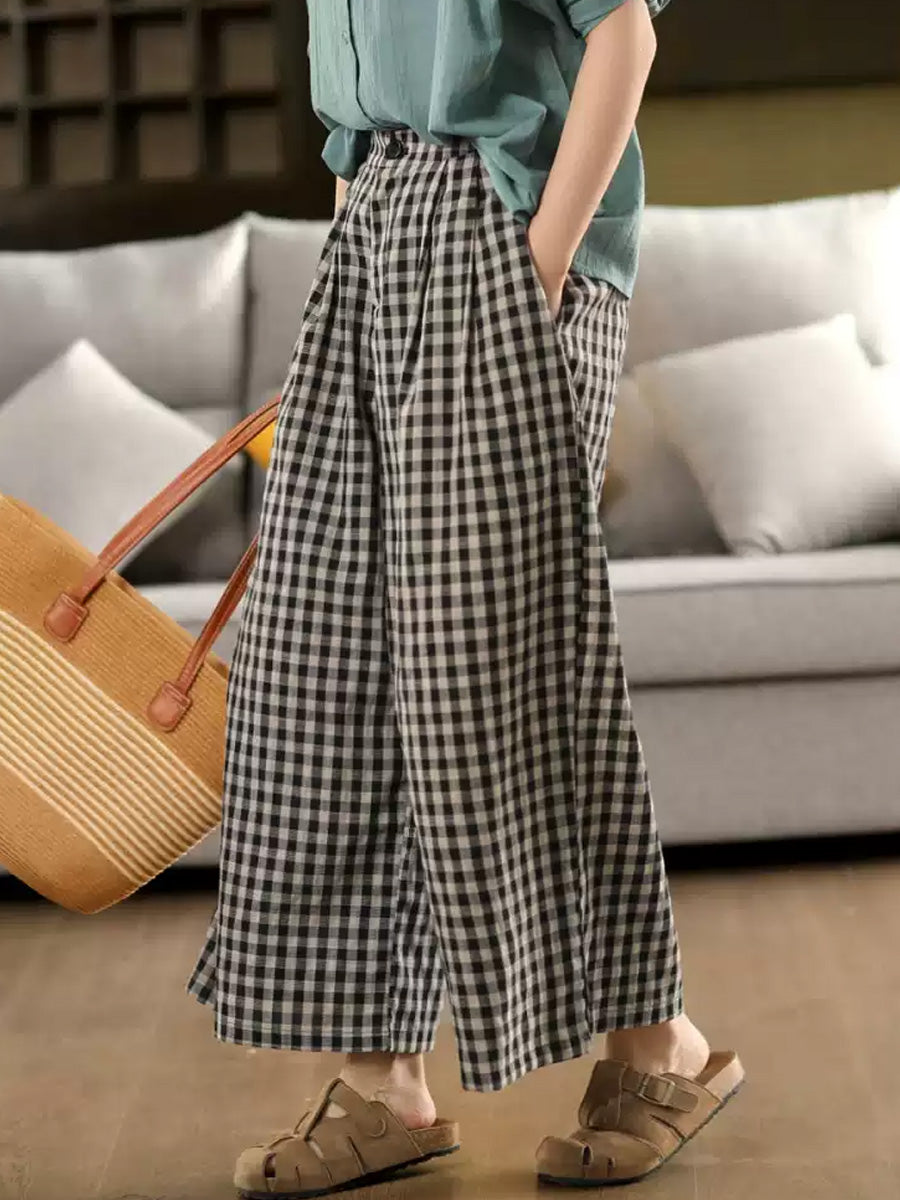 Women Wide-leg Cotton Summer Pants Vintage Plaid