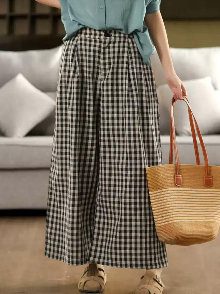 Women Wide-leg Cotton Summer Pants Vintage Plaid