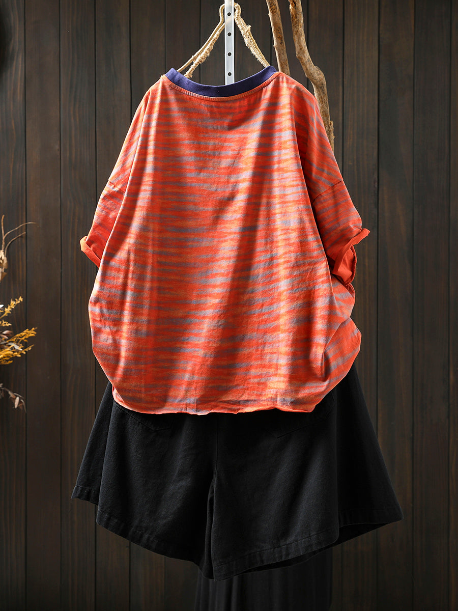 Casual O-Neck Summer Stripe Colorblock Women Shirt