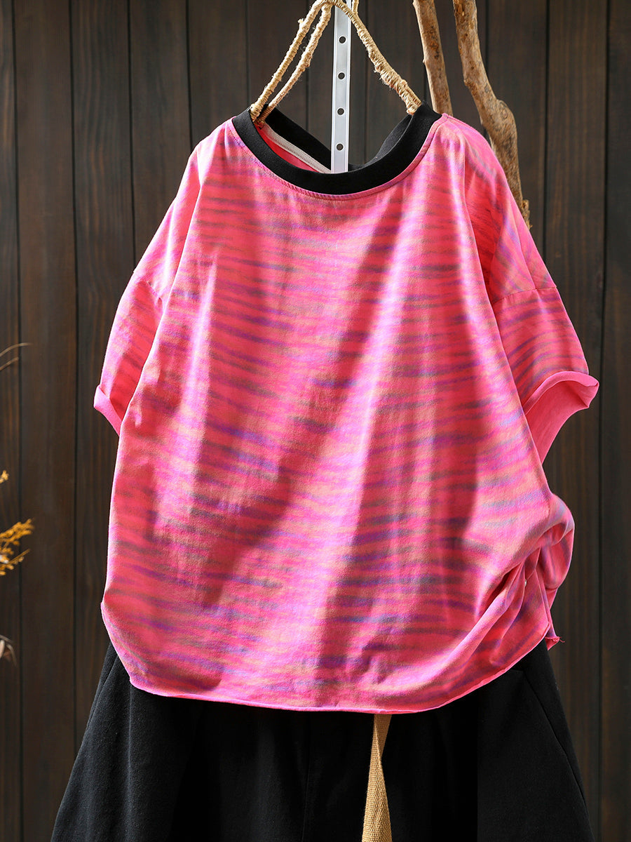 Casual O-Neck Summer Stripe Colorblock Women Shirt
