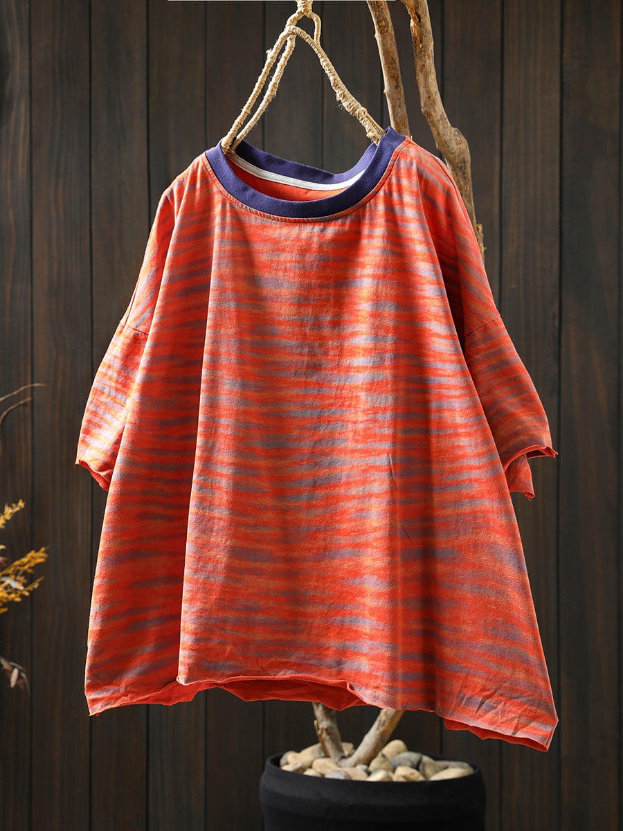 Casual O-Neck Summer Stripe Colorblock Women Shirt