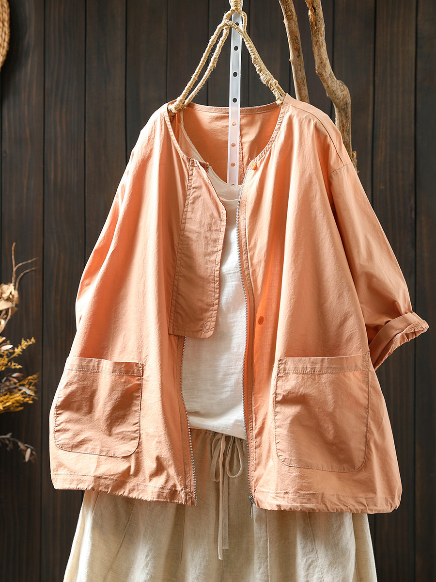 Coat Women Summer Color Shirt Pure O-Neck Zipper