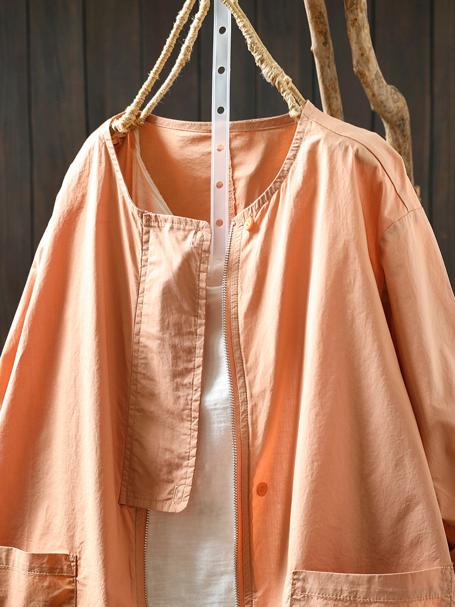 Coat Women Summer Color Shirt Pure O-Neck Zipper