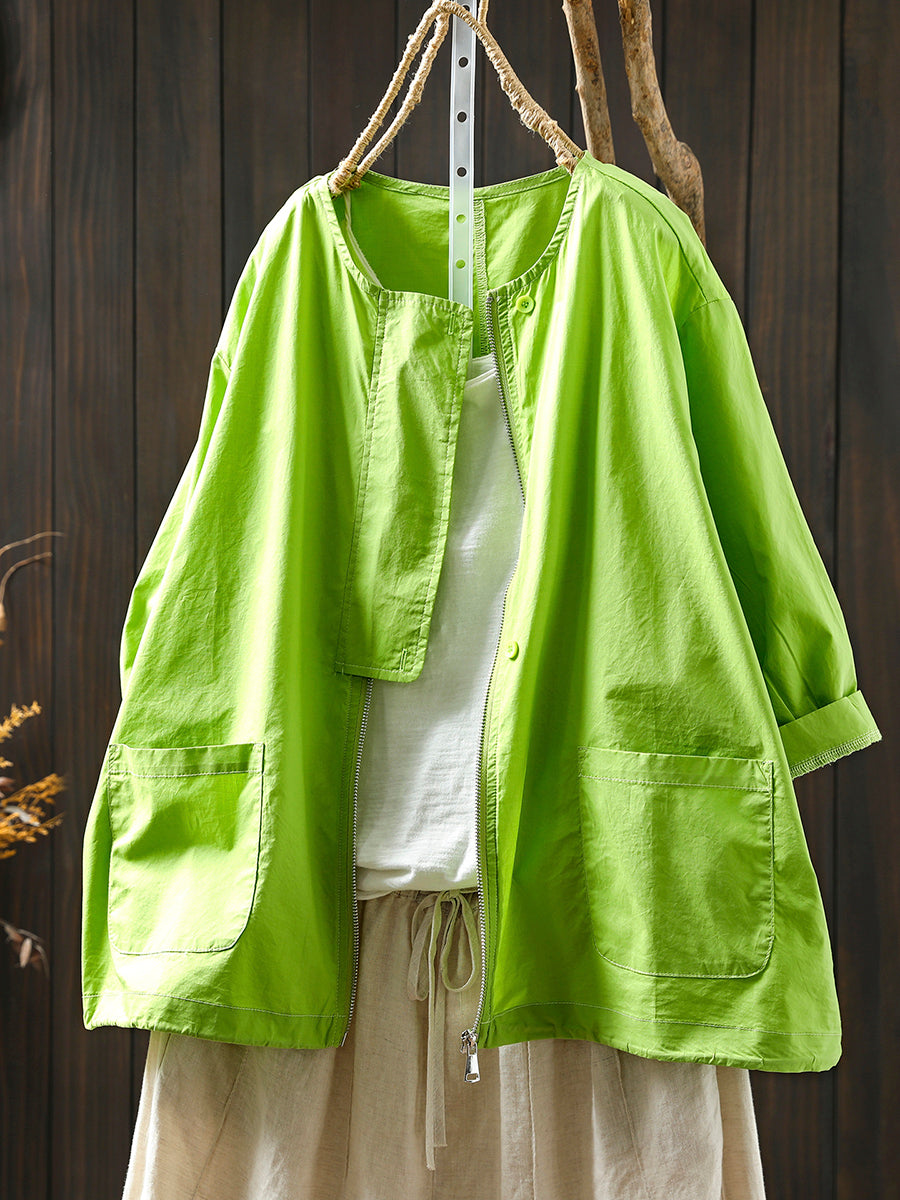 Coat Women Summer Color Shirt Pure O-Neck Zipper