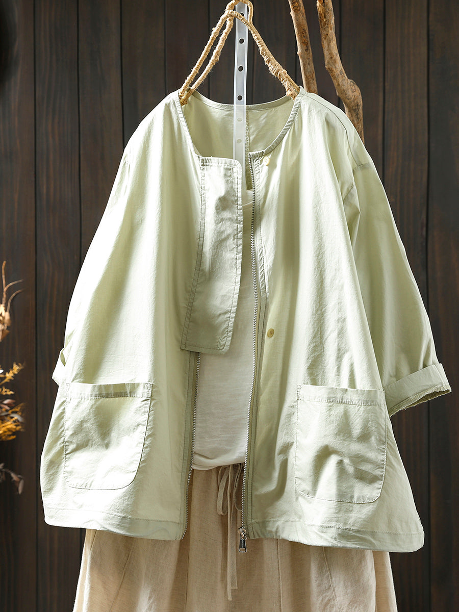 Coat Women Summer Color Shirt Pure O-Neck Zipper