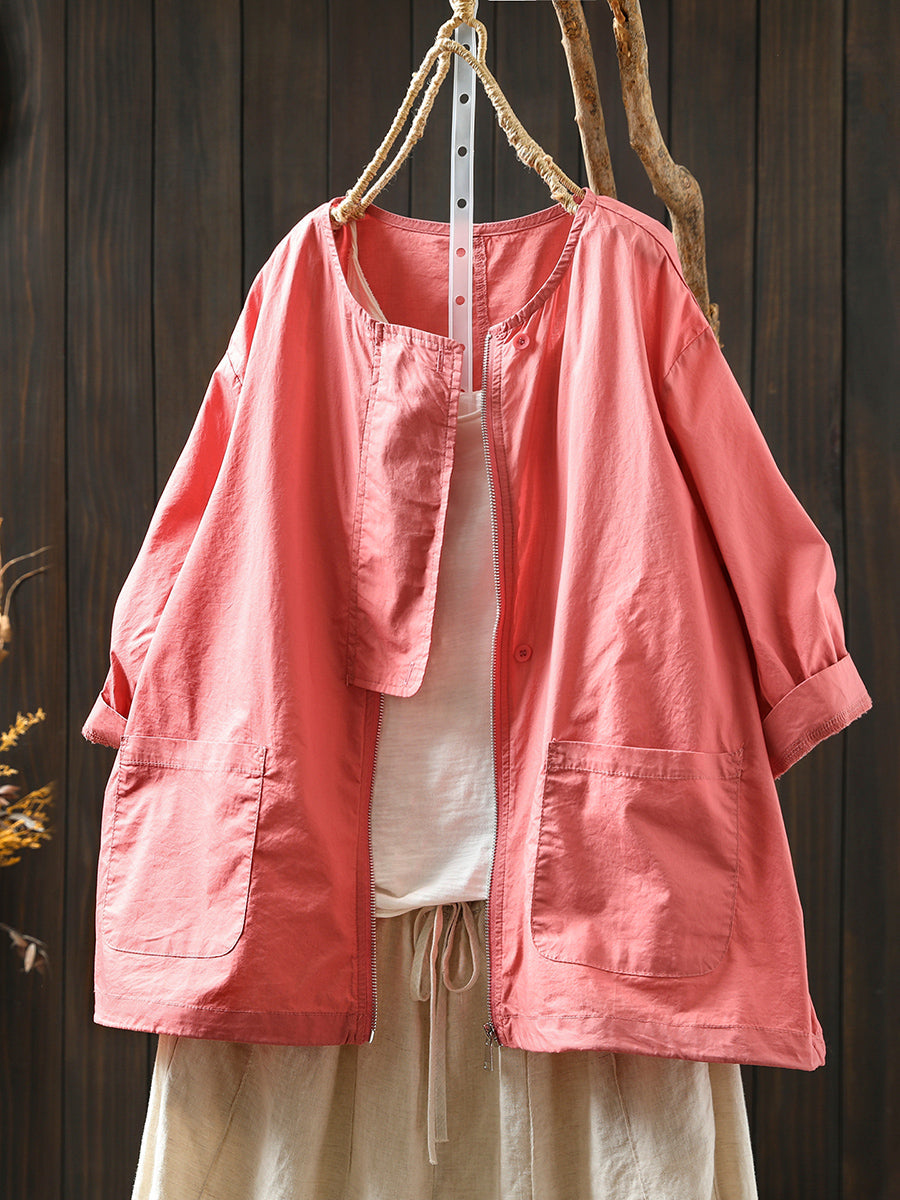 Coat Women Summer Color Shirt Pure O-Neck Zipper