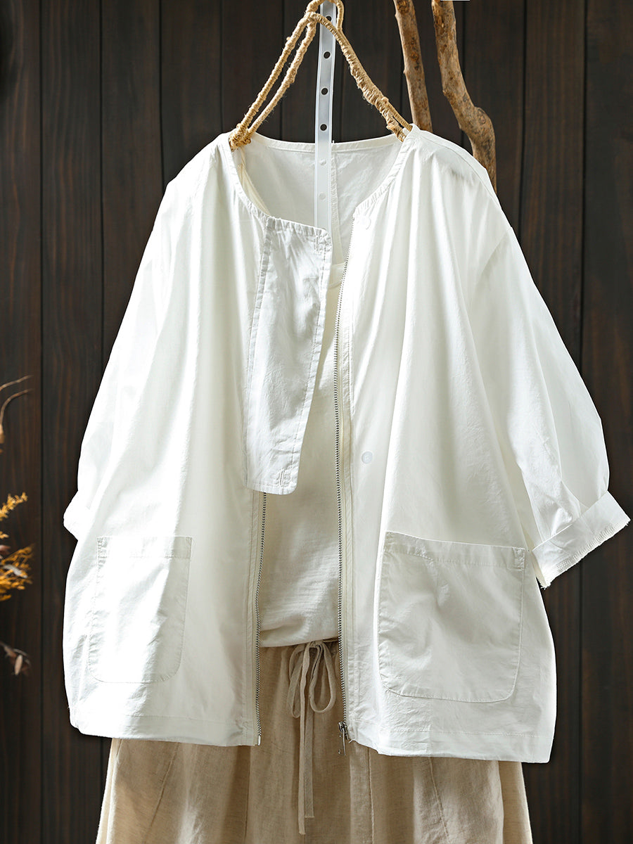 Coat Women Summer Color Shirt Pure O-Neck Zipper