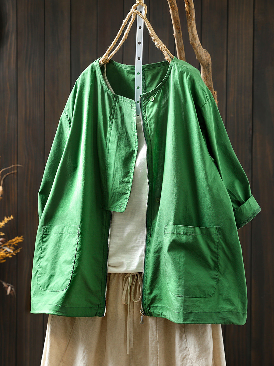 Coat Women Summer Color Shirt Pure O-Neck Zipper