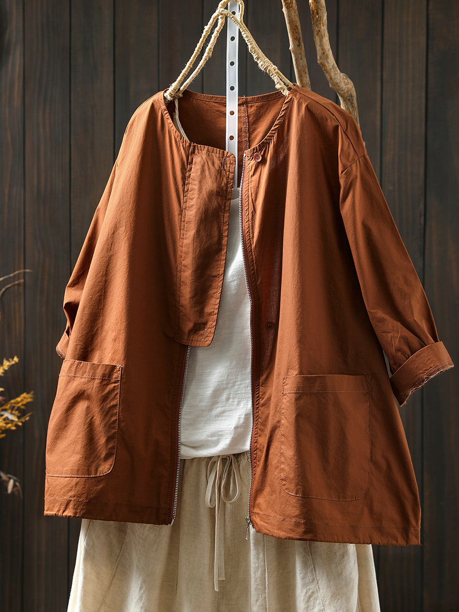 Coat Women Summer Color Shirt Pure O-Neck Zipper