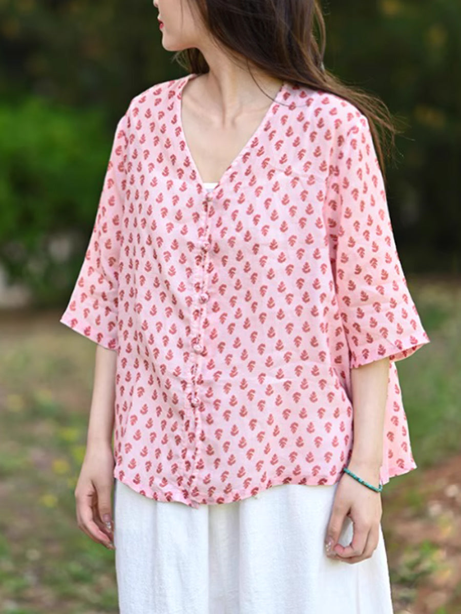 Floral Shirt V-Neck Women Vintage Summer 100%Ramie