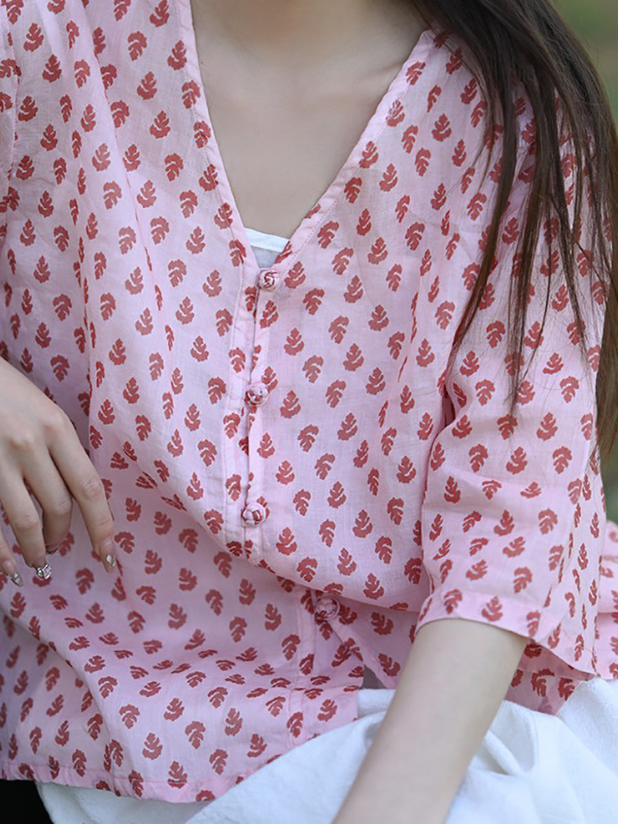 Floral Shirt V-Neck Women Vintage Summer 100%Ramie