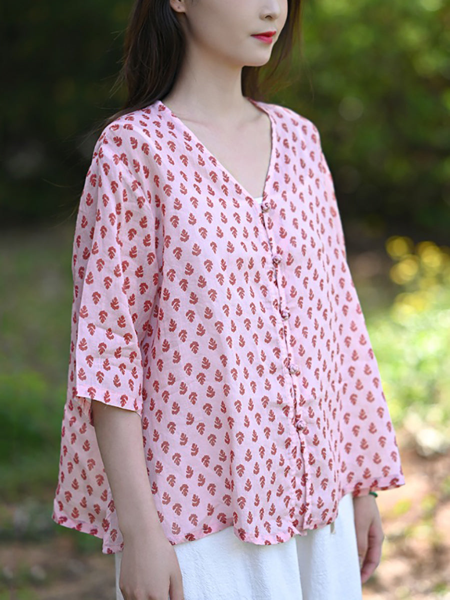 Floral Shirt V-Neck Women Vintage Summer 100%Ramie