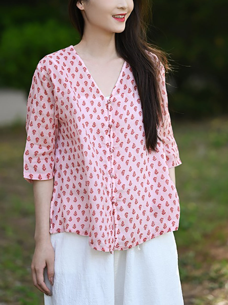 Floral Shirt V-Neck Women Vintage Summer 100%Ramie