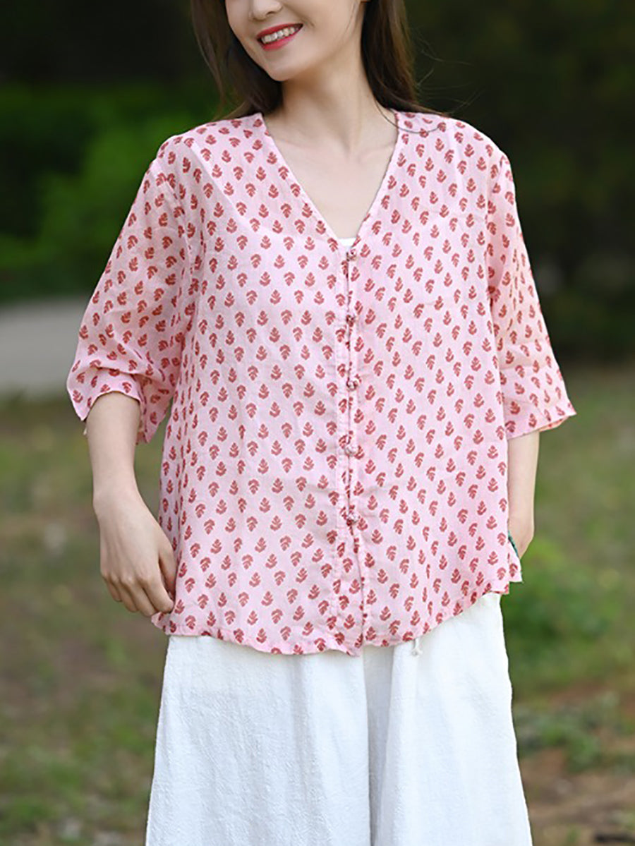 Floral Shirt V-Neck Women Vintage Summer 100%Ramie