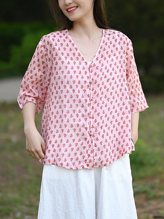 Floral Shirt V-Neck Women Vintage Summer 100%Ramie