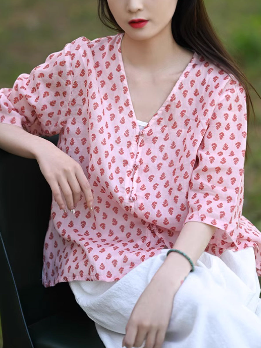 Floral Shirt V-Neck Women Vintage Summer 100%Ramie