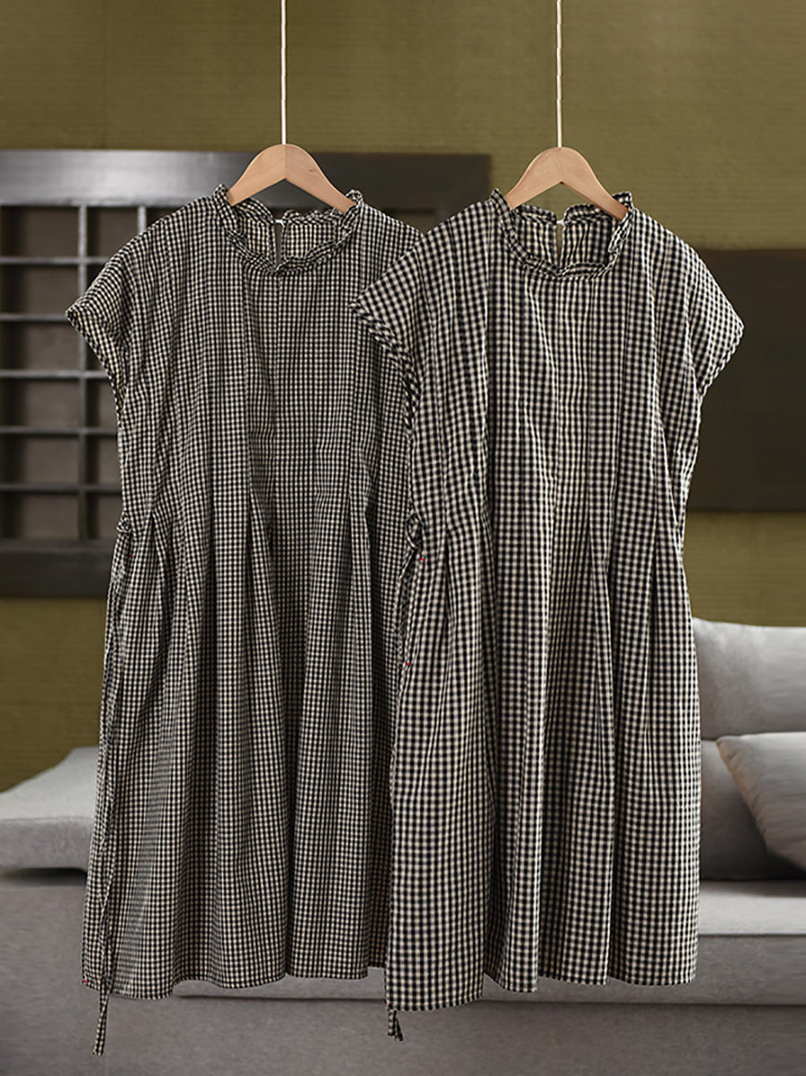 100%Cotton Women Collar Stand Dress Plaid Summer Vintage