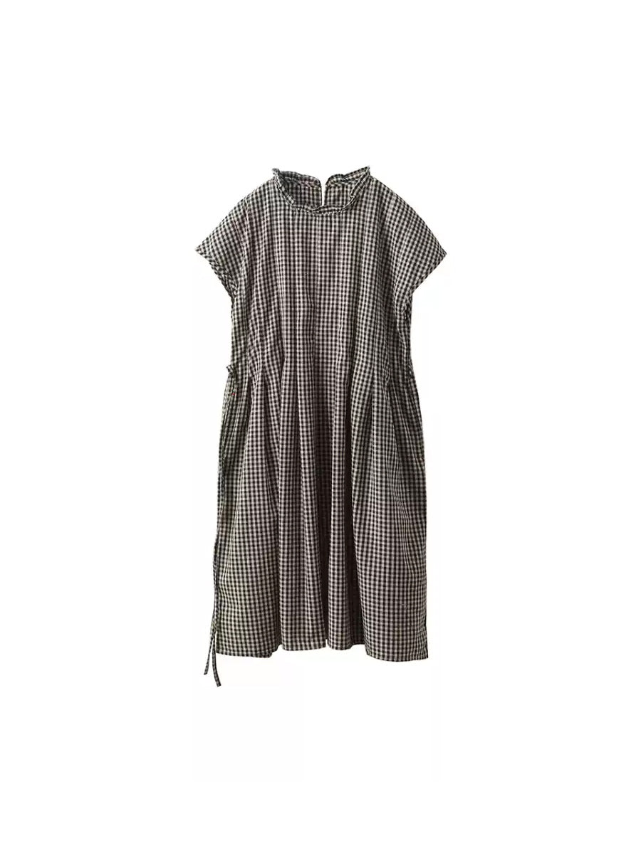 100%Cotton Women Collar Stand Dress Plaid Summer Vintage