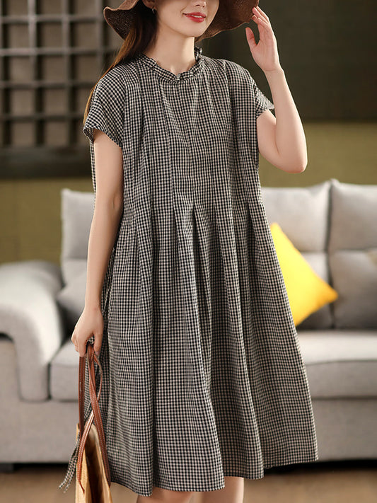 100%Cotton Women Collar Stand Dress Plaid Summer Vintage
