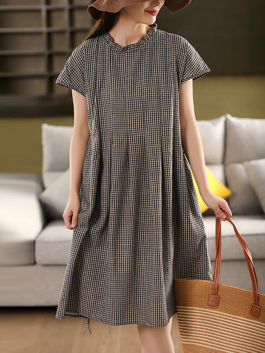 100%Cotton Women Collar Stand Dress Plaid Summer Vintage