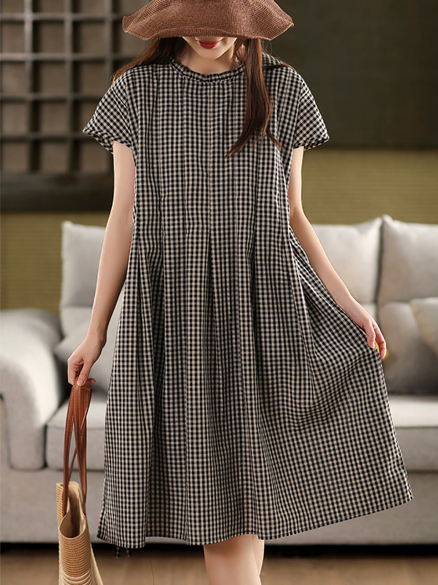 100%Cotton Women Collar Stand Dress Plaid Summer Vintage