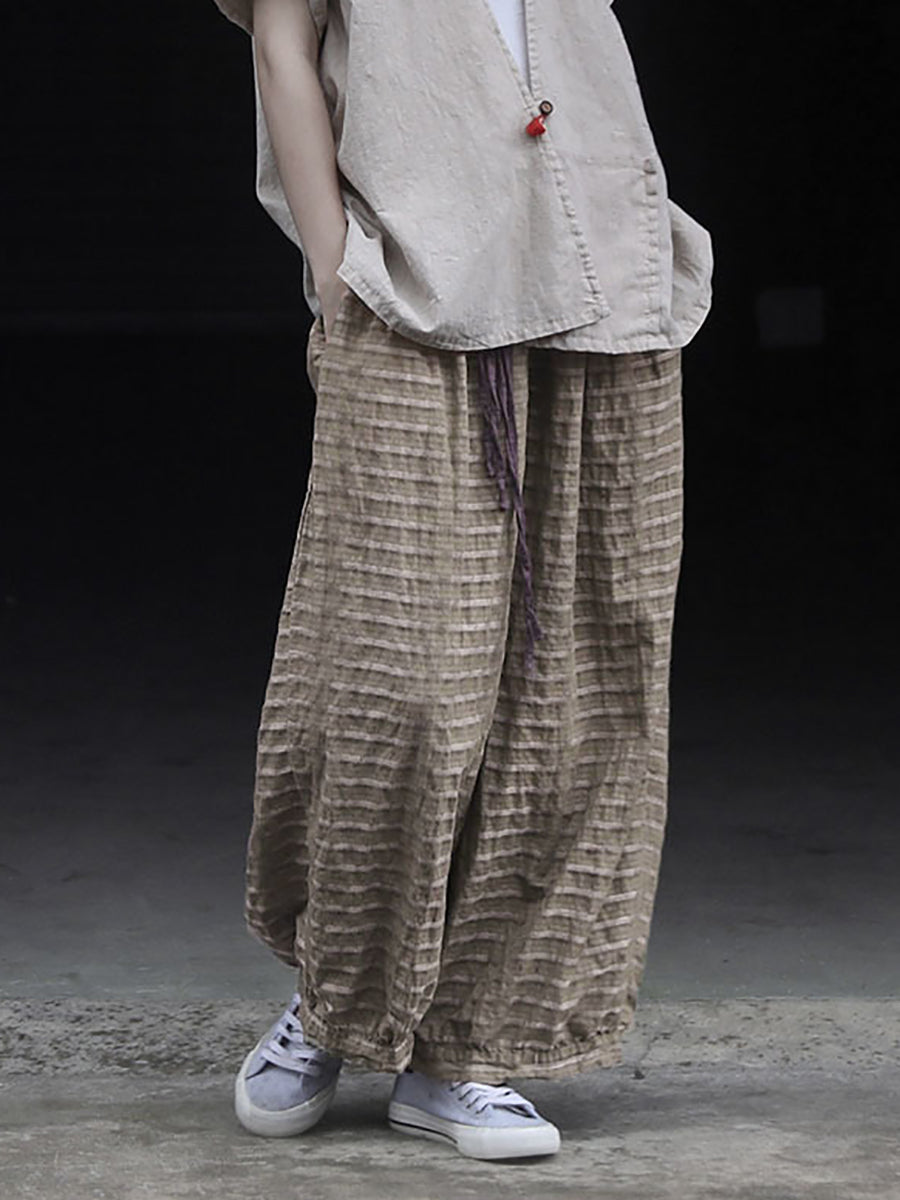 Women Ramie Summer Stripe Pants Retro Wide-leg