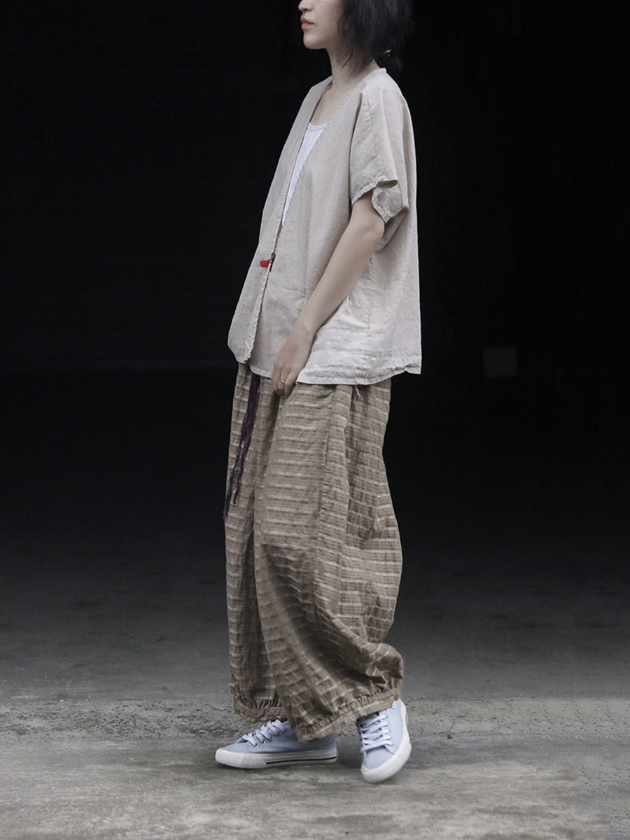 Women Ramie Summer Stripe Pants Retro Wide-leg